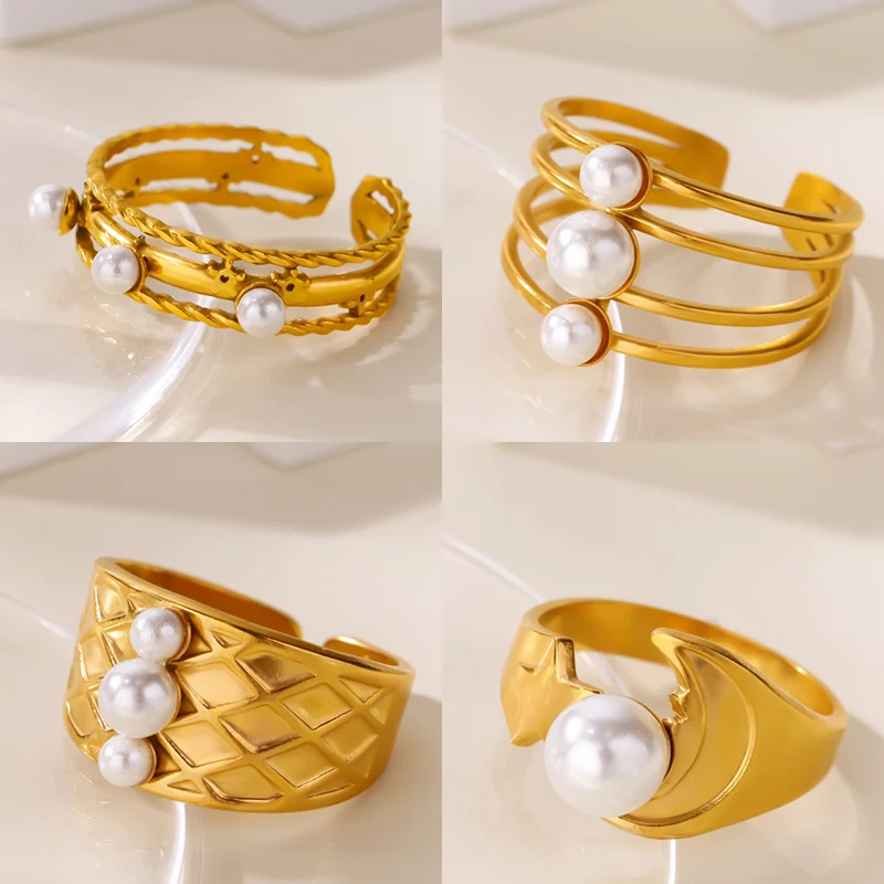 Fashion Geometric Multi-layered Pearls Rings For WomenStainless Steel Stackable Asymmetric Ring Wedding Christmas Jewelry Gift