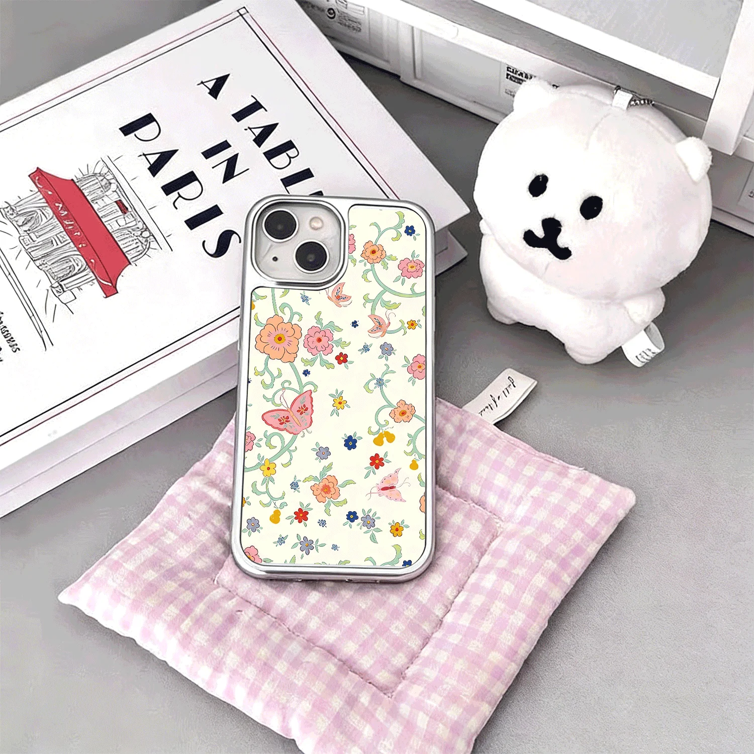 

Silver Case for iPhone 17 Air 16 15 Pro Max 14 Plus 13 12 11 16E Luxury Bumper with Camera Protection Korean Flower Matte Phone
