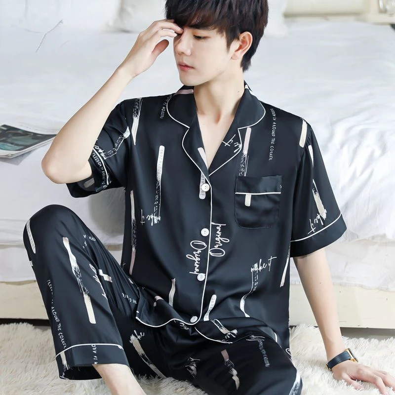 Silk Pajamas Men Short Sleeve Tops Pants Pajama Sets Summer Loungewear Luxury Brand Sleepwear Thin Homewear New Print