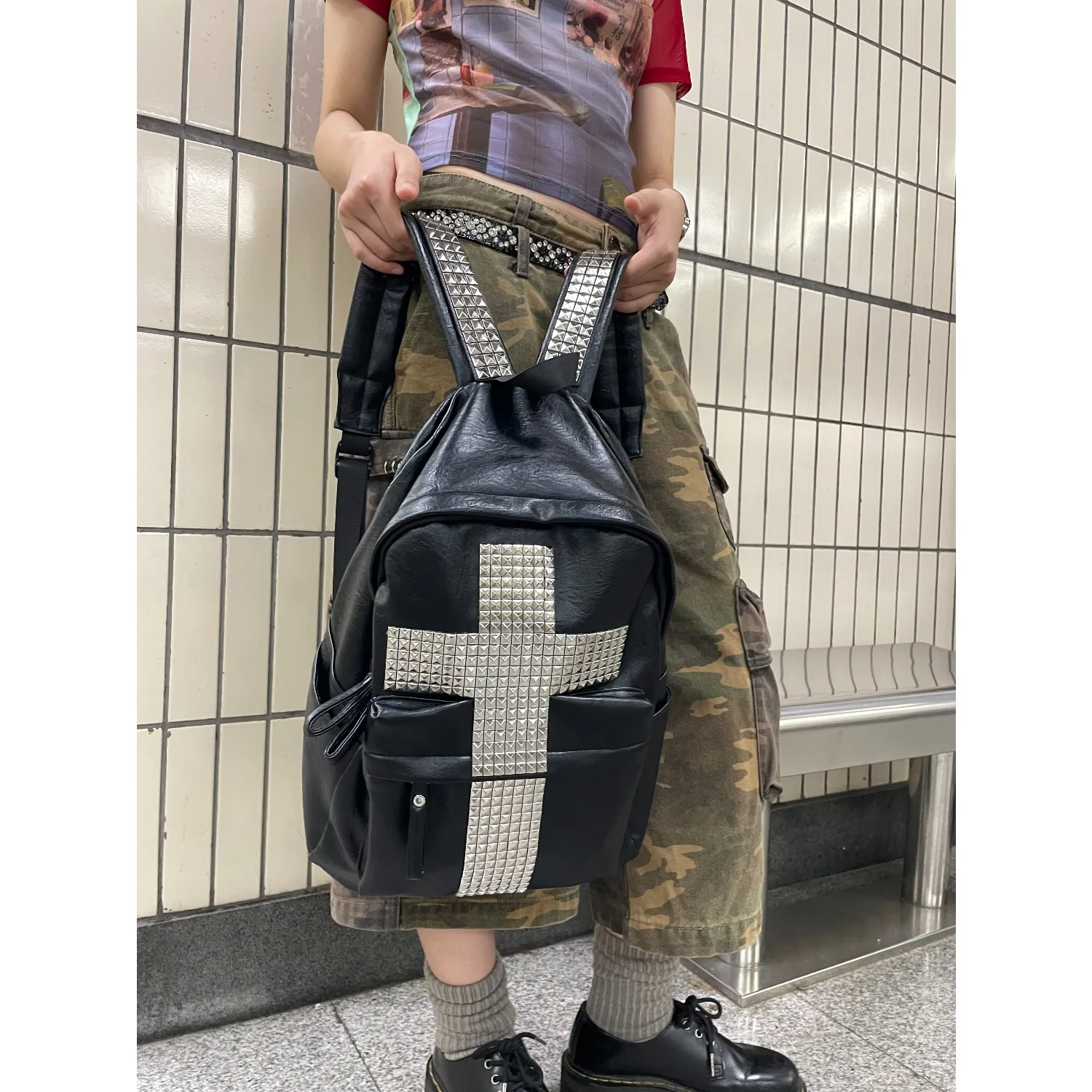 Punk Y2k Black Rivet Leather Backpack Punk Retro Dark Schoolbag Subculture High Street Backpack