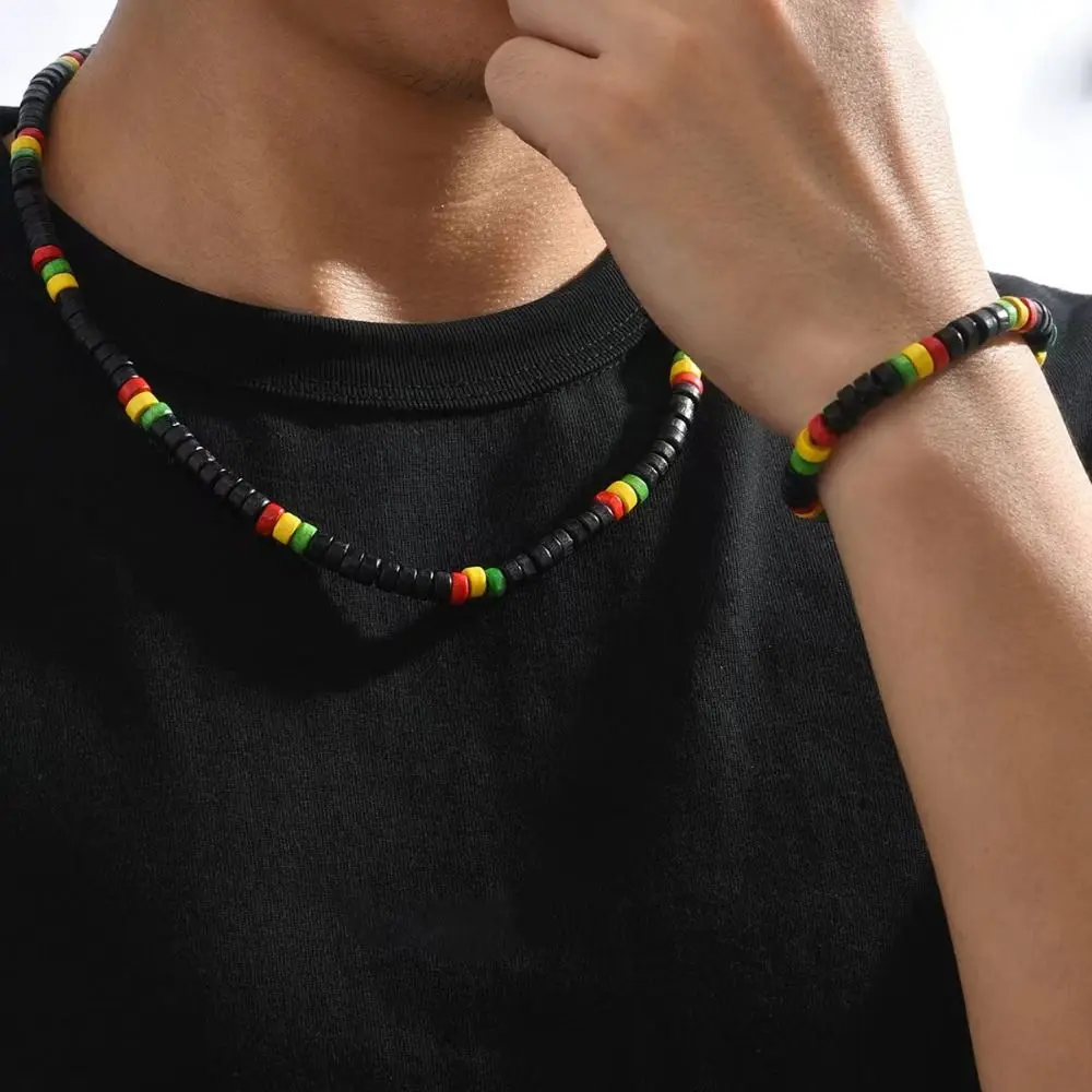 Red Yellow Green Black Rasta Reggae Punk Hiphop Necklace and Bracelet Jewelry Set Glass Seed Beads Black Africa Fashion Jewelry