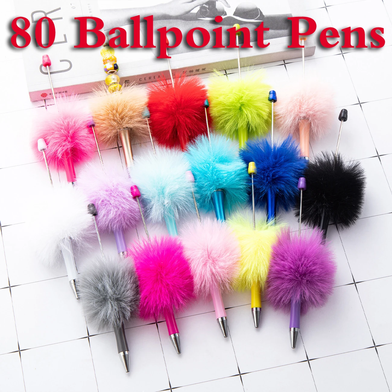 

80Pcs Plush Beaded Pen Bead DIY Pen Plastic Beadable Pen Bead Pen School Office Writing Supplies Stationery Wedding Gift