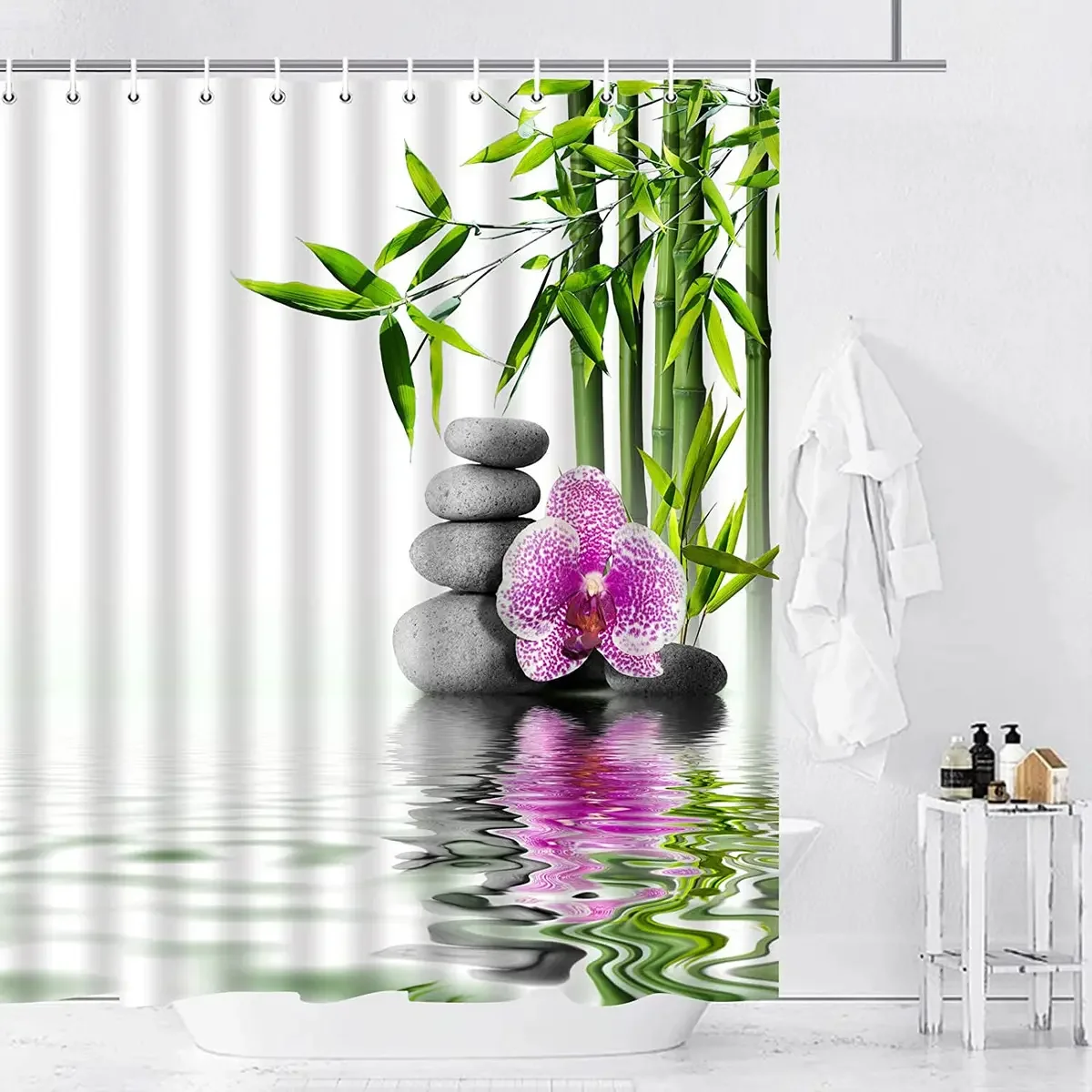 

Zen Stone Bamboo Shower Curtain Purple Orchid Bath Curtains Spa Theme Waterproof Polyester Relaxing Bathroom Decor with 12 Hooks