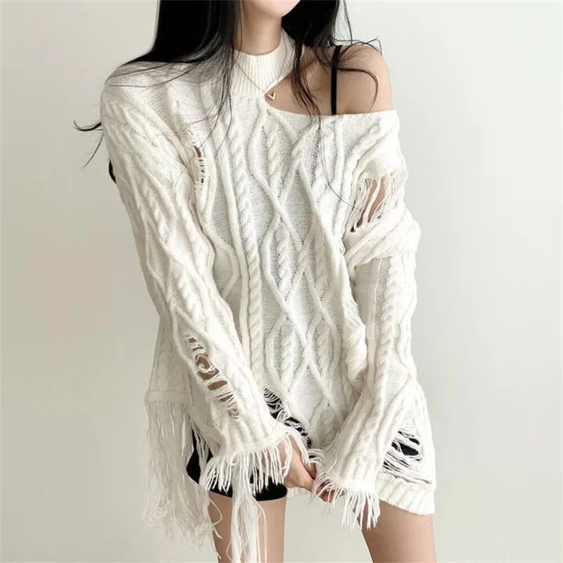 Women\'s Sweater Sexy Off Shoulder Top Women Autumn Winter Hollow Out Tassel Loose Female Pullovers Chic Tops Y2k Clothes