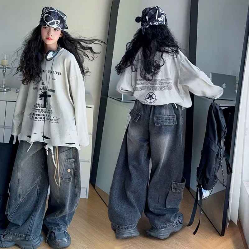

25AW Young Girl Clothes Sets 4-14Y Kid Clothing Sets Child 2Piece Of Tee Top+Denim Pants Bottom Toddle Streetwear Fashion Suit