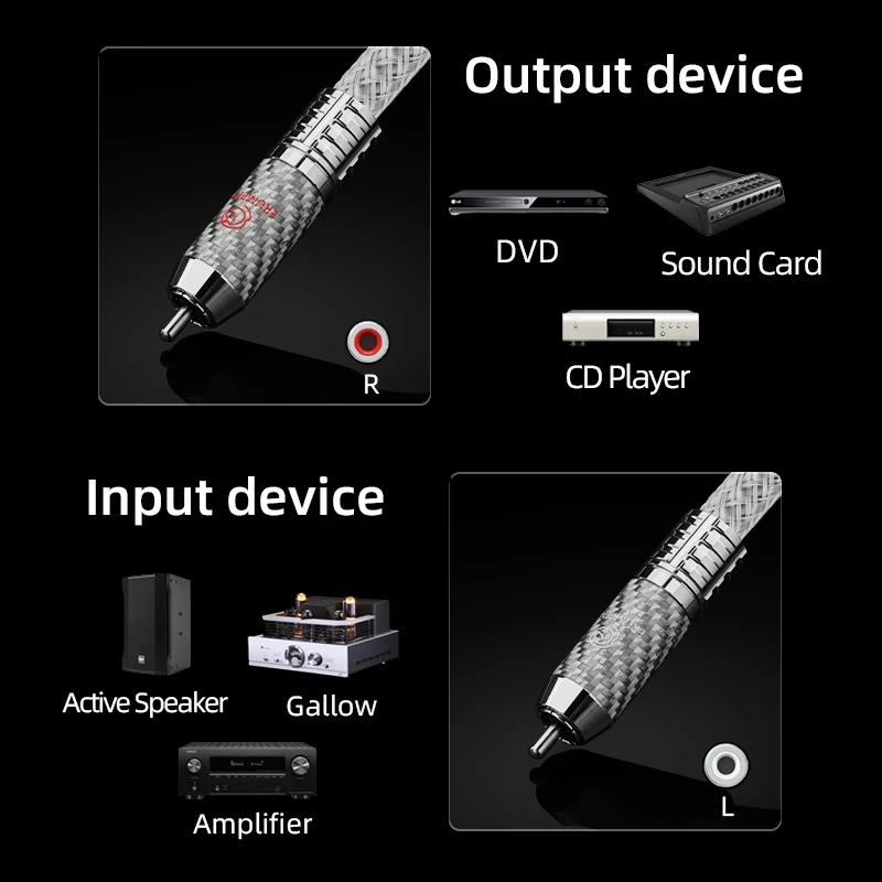 One Pair Sterling Silver RCA Cable HiFi Audio Interconnect New Pure Silver Core Wire with Locking Carbon Fiber RCA Plug