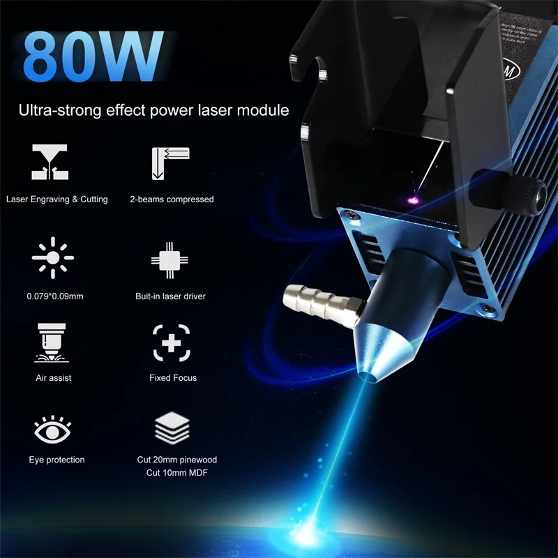 Aeornalm 80w/40w/30w/20w/10w cabeça de gravação a laser para gravador cnc corte madeira diy ferramentas laser 450nm módulo laser luz azul