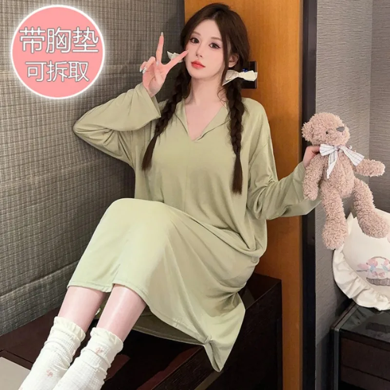 5XL Plus Size Autumn Winter Modal Pajamas Women\'s Solid Simple Nightgown with Chest Pads Long Sleeved Loungewear Home Clothes