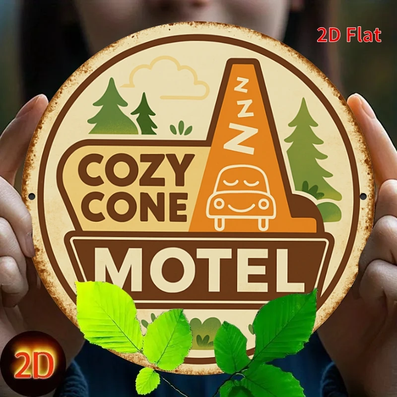 2D Flat, 1pc Vintage Cone Motel Sign - 7.87x7.87inch/8-Inch Round Retro Metal Wall Art for home, Office, Bar & for Cave - Durabl