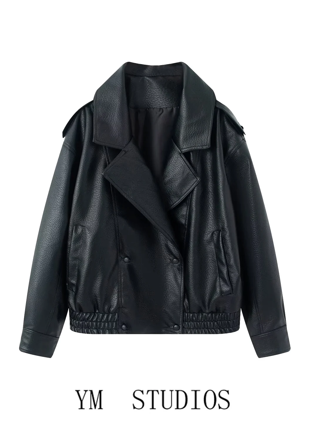 

Ретро-мотоциклетная куртка из искусственной кожи для женщин, свободного кроя, черная, с узором под кожу личи, стильная и модная.