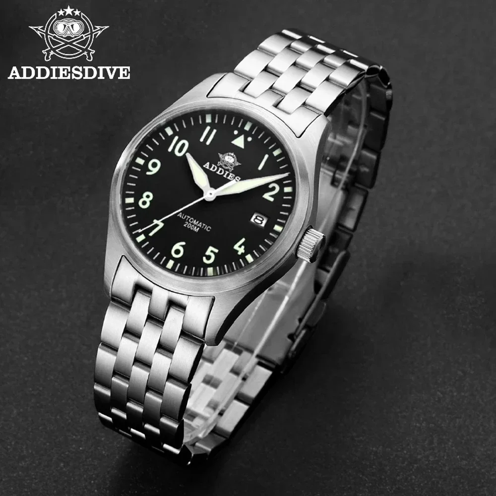 ADDIESDIVE Men\'s Automatic Watches Business NH35 Stainless Steel Sapphire 200M Waterproof C3 Super Luminous Date Analog Watch