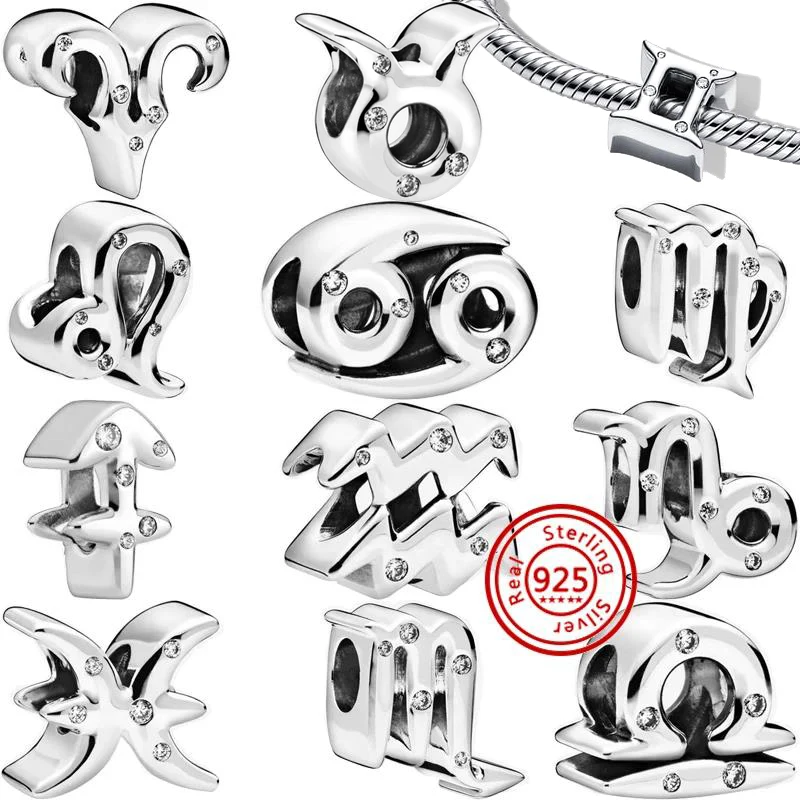 

Real 100% 925 Sterling Silver Sparkling 12 Star Sign Zodiac Charm DIY Beads Fit Original Pantaro Pendant Bracelet Women Jewelry