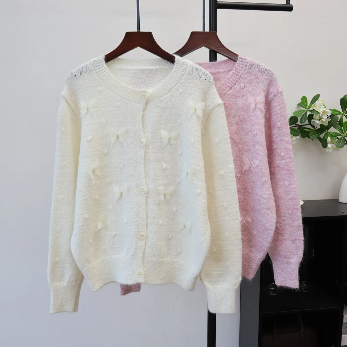 

Women Knitted Cardigan Sweater Solid Jumpers Casual 3D Butterfly Round Neck Long Sleeves Loose Fit Single Breasted Tender Autumn