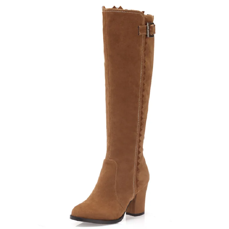 Faxu Suede Knee High Boots Women Shoes Fashion Long Tall Boot Female Block High Heels Flock Brown Autumn Winter Shoes Large Size