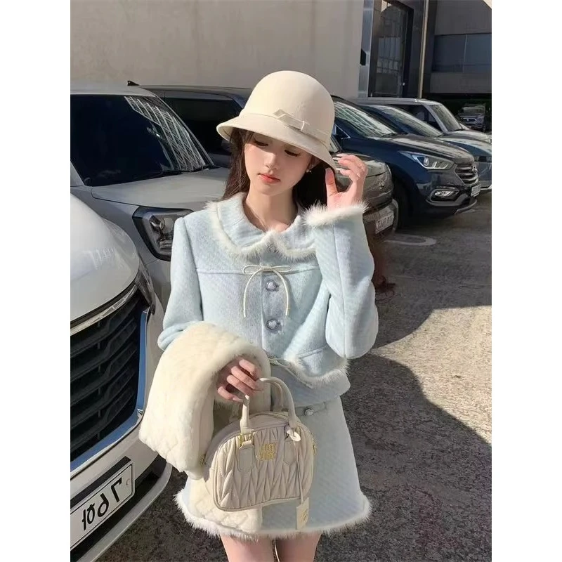 Winter New Sweet Youthful Lapel Elegant Warm Woolen Coat + High-waist Skirt Two-piece Set High Quality Fashionable Skirt Suits