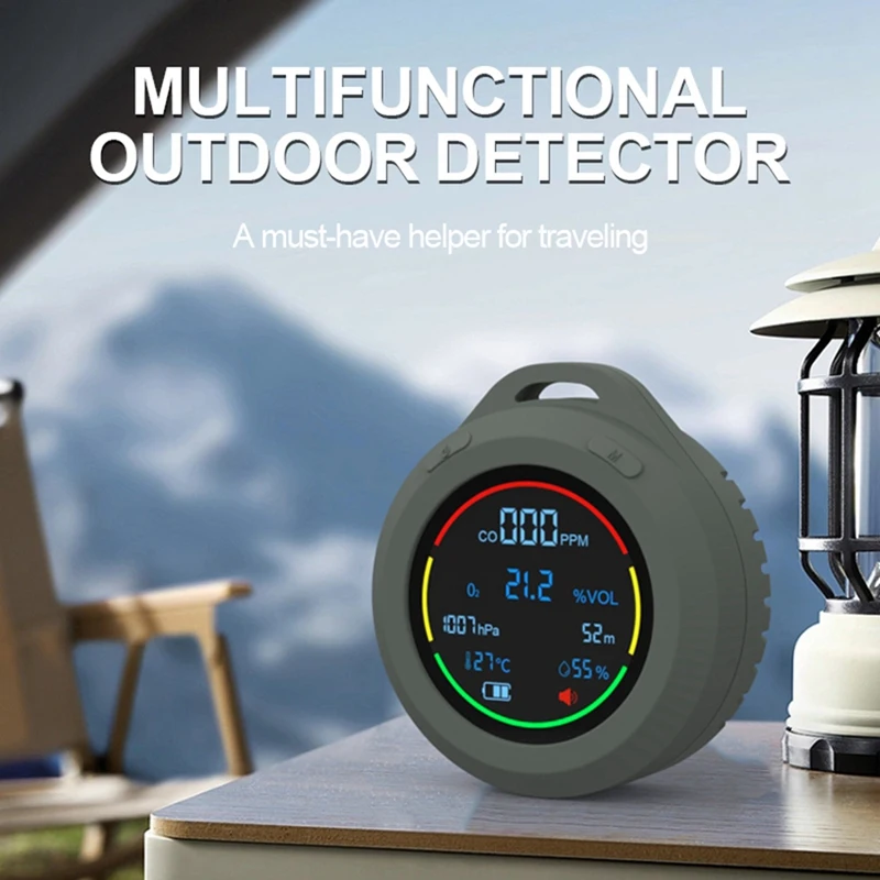 Detector de Qualidade do Ar para Interior e Viagem, 6 em 1, CO, O2, Temperatura, Umidade, Pressão Atmosférica, Altitude, Monitor