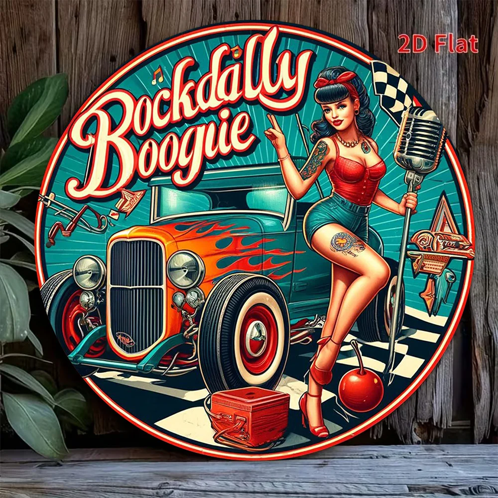 Letrero de Pared 2D Plano, 1 Pieza, 8x8in/20x20cm, Diseño Vintage de Rock Boogie, Sexy y Retro, Placa Redonda de Metal, Apta para Garaje, Bar, Cafetería