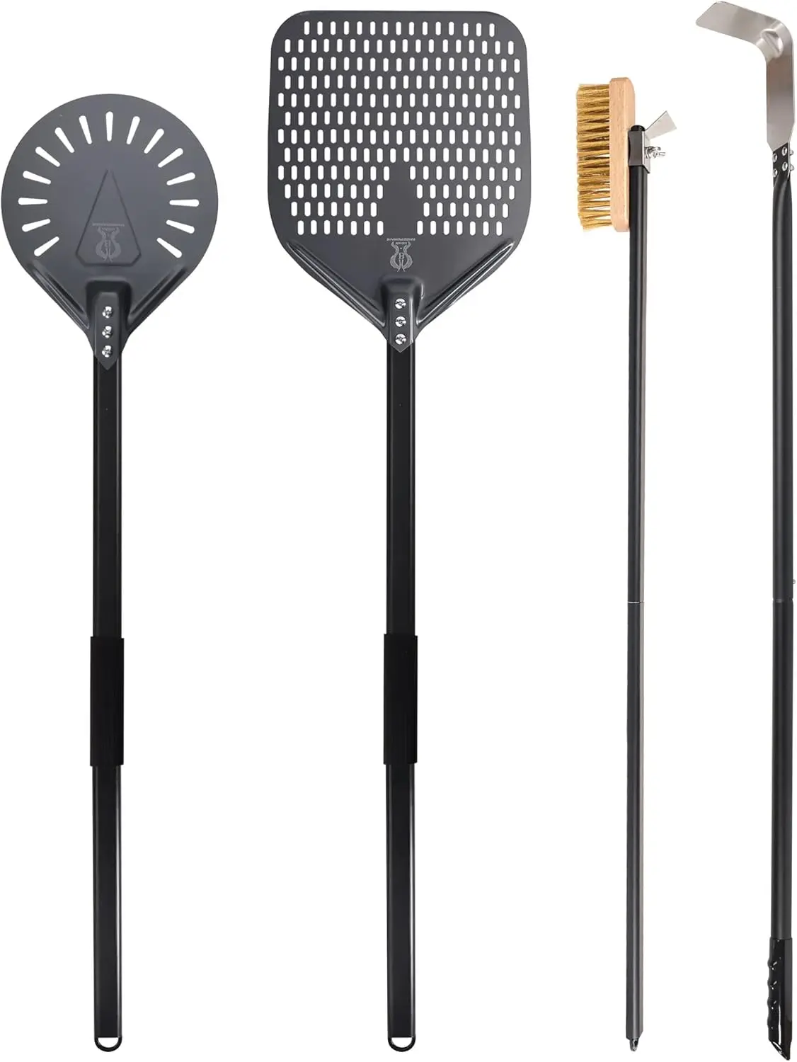 

Pizza Turning Peel 9 Inch Perforated Pizza Peel and Pizza Brush Ash Rake 4 Piece Wood Fired Commercial Oven Utensil Kit