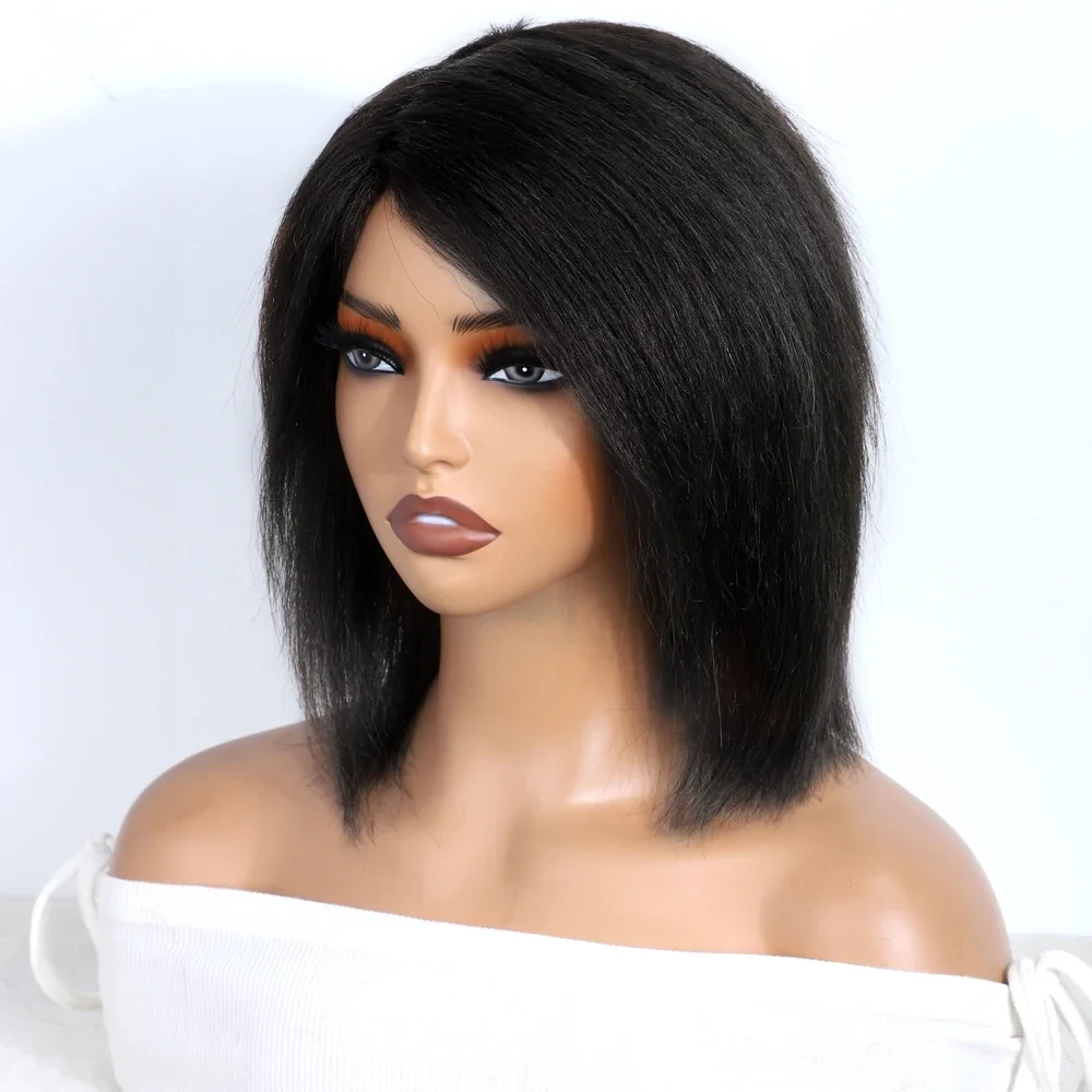 Yaki Straight Bob Wigs 100% Human Hair Easy Wear To Go Glueless Kinky Bob Peruvian Hair Short Yaki Straight Wig For Women 12inch