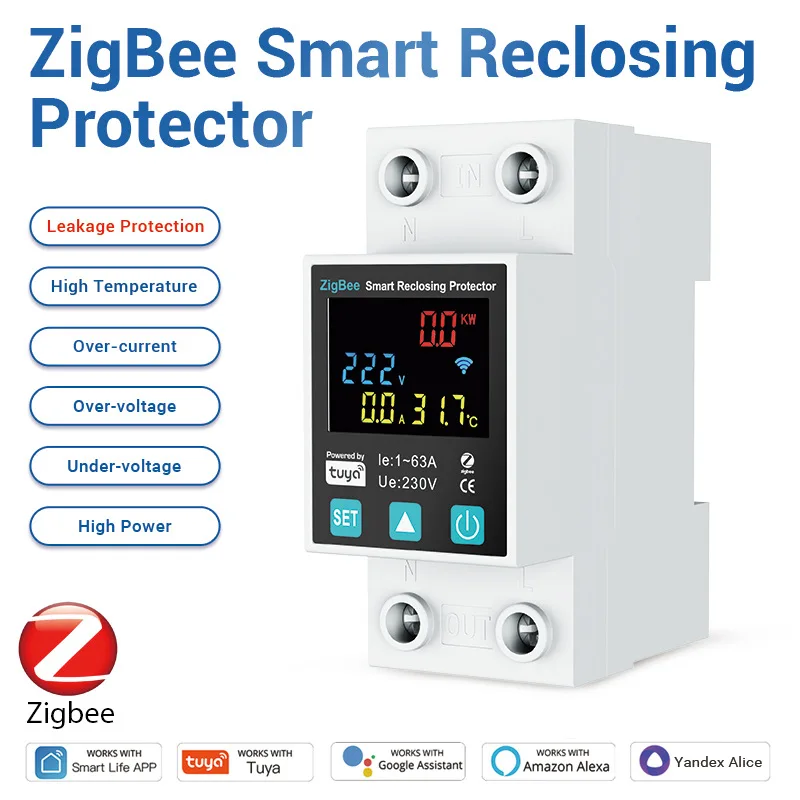 Tuya ZigBee Smart Reclosing Protector Metering APP Timed 63A Overcurrent Overvoltage Earth Leakage Protection Circuit Breaker