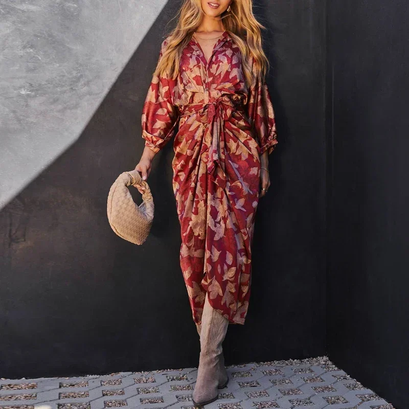 

Casual Bandage Draped Slim Waist Women Dress Vintage Color Print Office Lady Long Dress Fashion Three-quarter Sleeve Shirt Dress