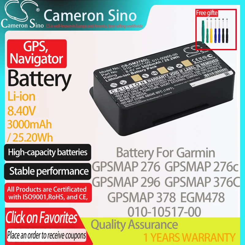 CameronSino Battery for Garmin GPSMAP 276 276c 296 376C 378 EGM478 100054300 fits Garmin 010-10517-00 GPS, Navigator battery