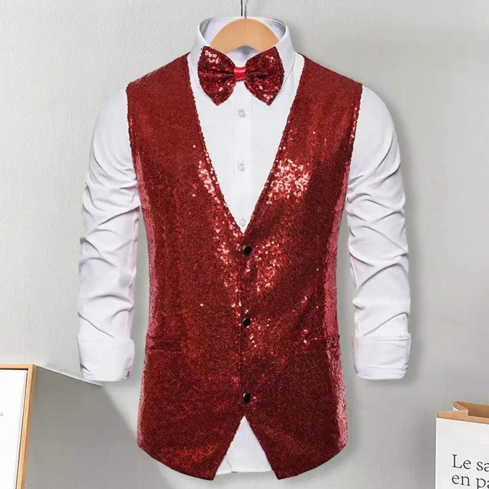 Men Sequin Vest Sparkling Sequin Men's Stage Performance Waistcoat with Slim Fit V Neck Bow-knot Detail for Compere Emcee