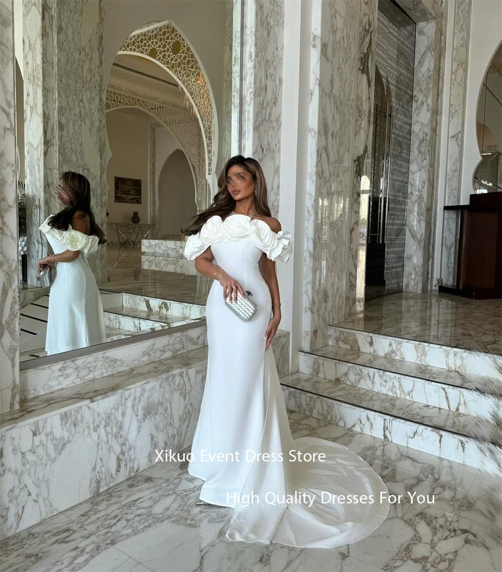 Xikuo Graceful White Satin Evening Gowns Off Shoulder Muslim Vestidos De Fiesta Mermaid Saudi Arabia Wedding Dress Customized