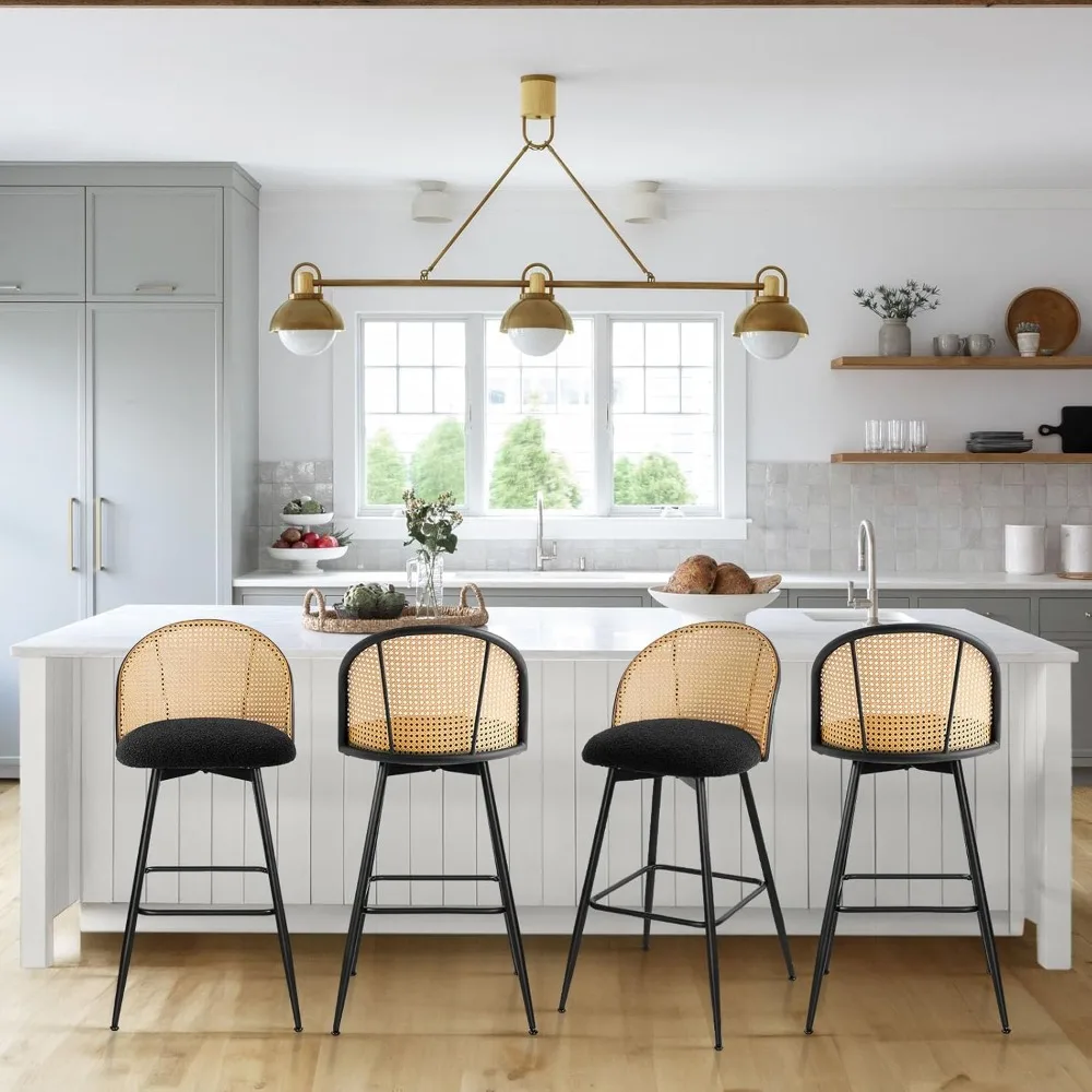 مجموعة مقاعد بار سوداء مكونة من 4 قطع، مقاعد دوارة مع ظهر من الخيزران وأرجل معدنية، مقاعد للبار من جلد البولي يوريثان بارتفاع 26 بوصة