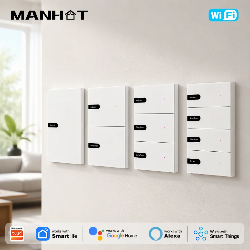 MANHOT Smart WIFI DIY Name Switch US Neutral Wire Push Button Display Wall Switch 1 2 3 4 Gang Work With Tuya Alexa Google Home