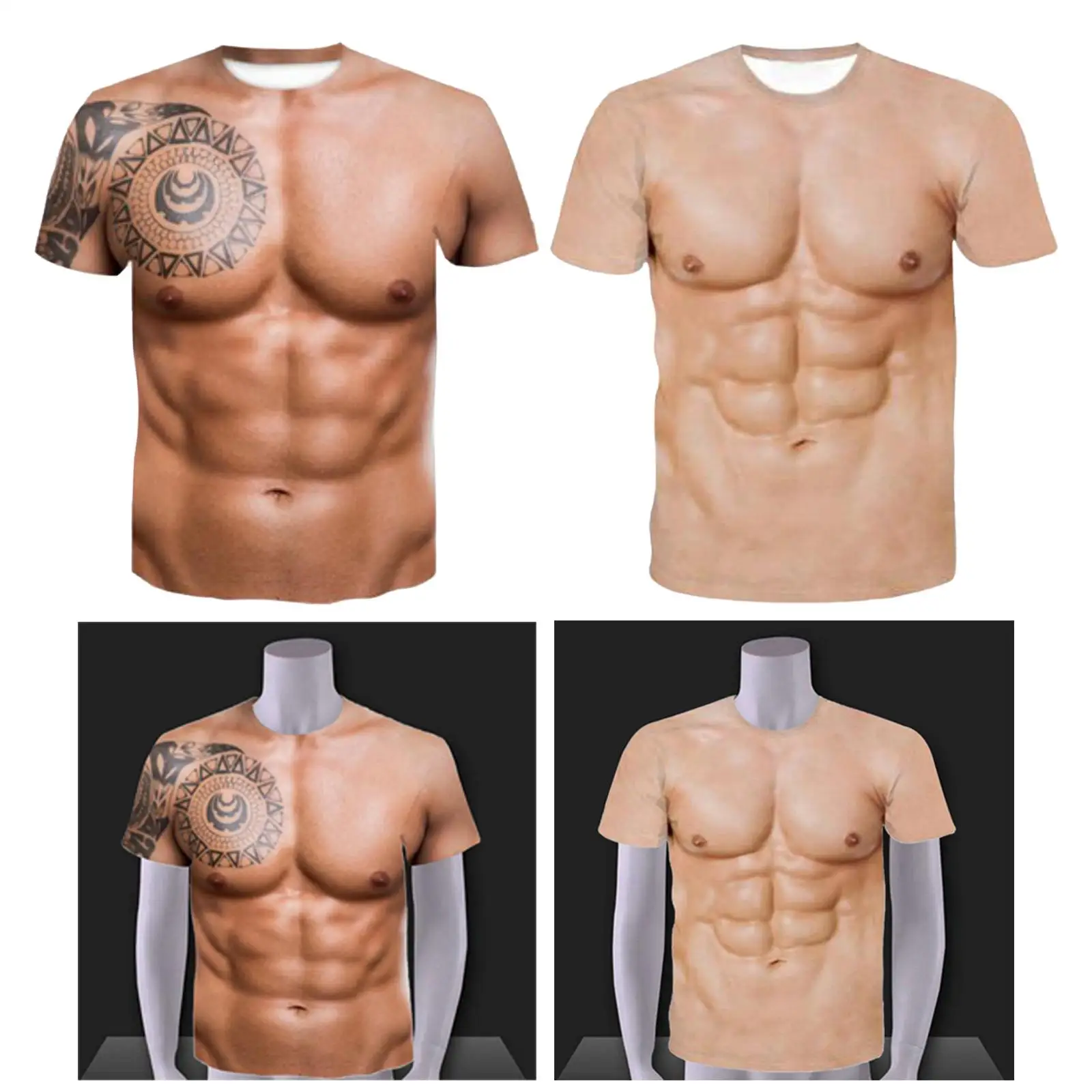 Graphic Men\'s Muscle T Shirt Fake Muscle Shirts Abdominal Tops Strongman 3D Body Pattern Short Sleeve for Casual Wear Club Party