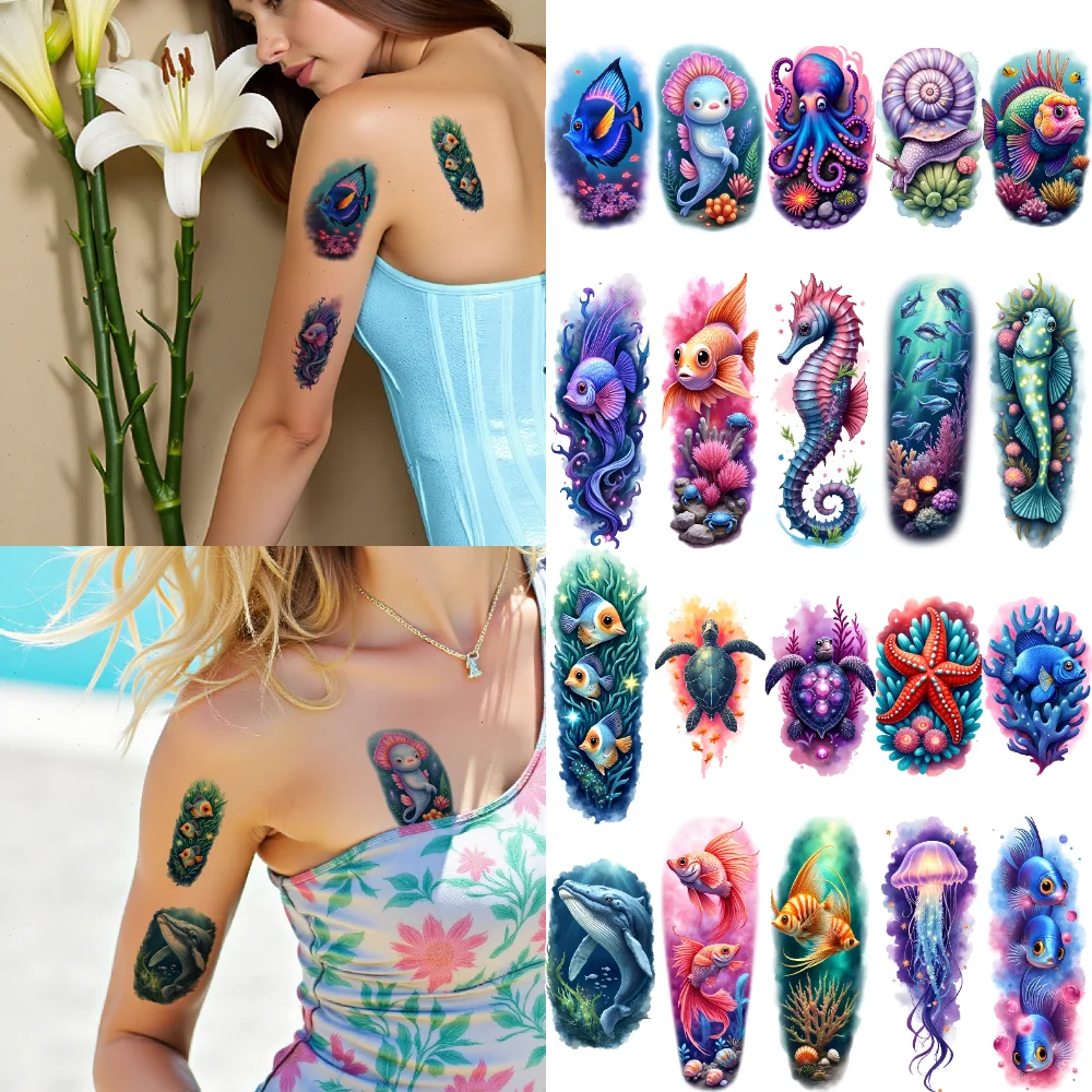 

9pcs Temporary Tattoo Colorful Ocean Colorful Realism Sea Creatures Marine Animals Realistic Temporary Tattoos For Back Arms