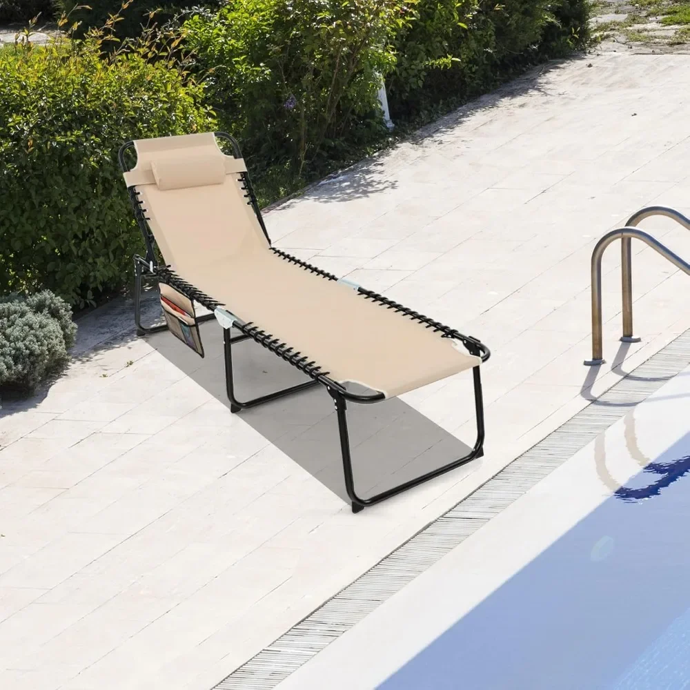

Lounge Chairs for Outside, Extra High Folding Beach Tanning Lounger with Adjustable Backrest, Footrest & Removable Pillow,
