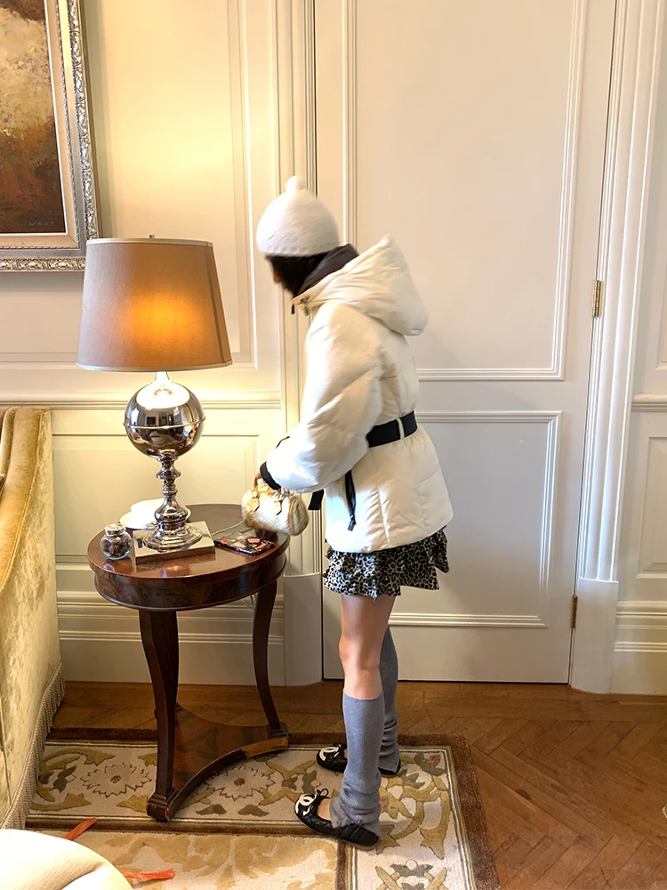 Dames Winter Puffer Jaet Wit Capuchon Taille-klinkende Warmte Hoog naar beneden Inhoud Koreaanse Sle Thiened Lange Sve Rits