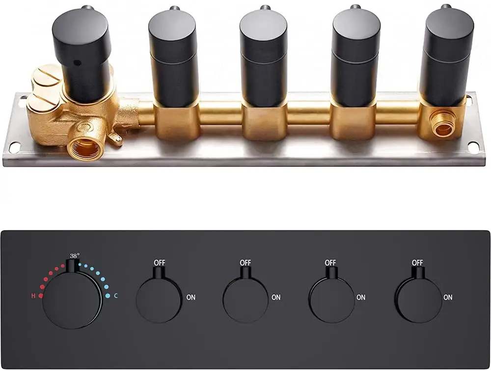 4-Function Black  Diverter Solid Brass Concealed Thermostatic Mixer Valve