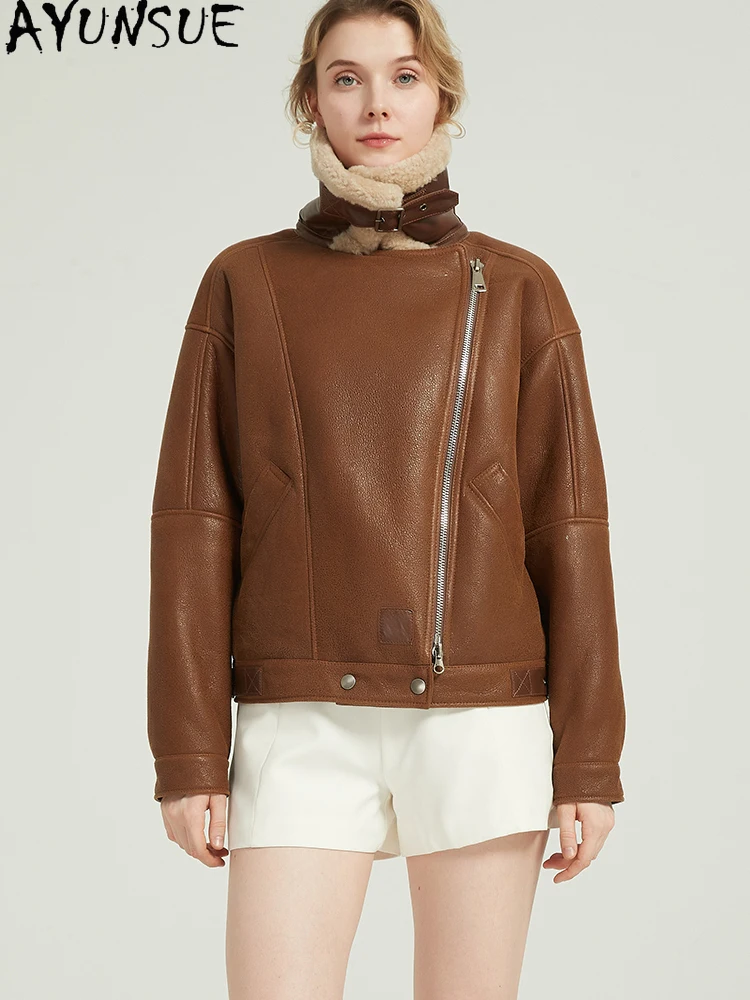 Ayunsue jaqueta de couro real de pele de carneiro feminina casaco de pele natural à prova de frio jaquetas de motocicleta mulher roupas de inverno 2025 streetwear