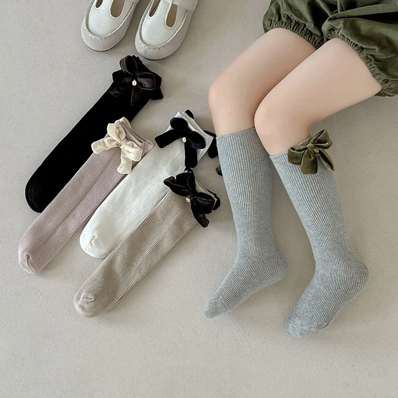 

1 Pair Little Girl Socks Simplicity Solid Color Velvet Bow Calf Sock for Toddler Girl Spring Autumn Soft Cotton Kids School Sock