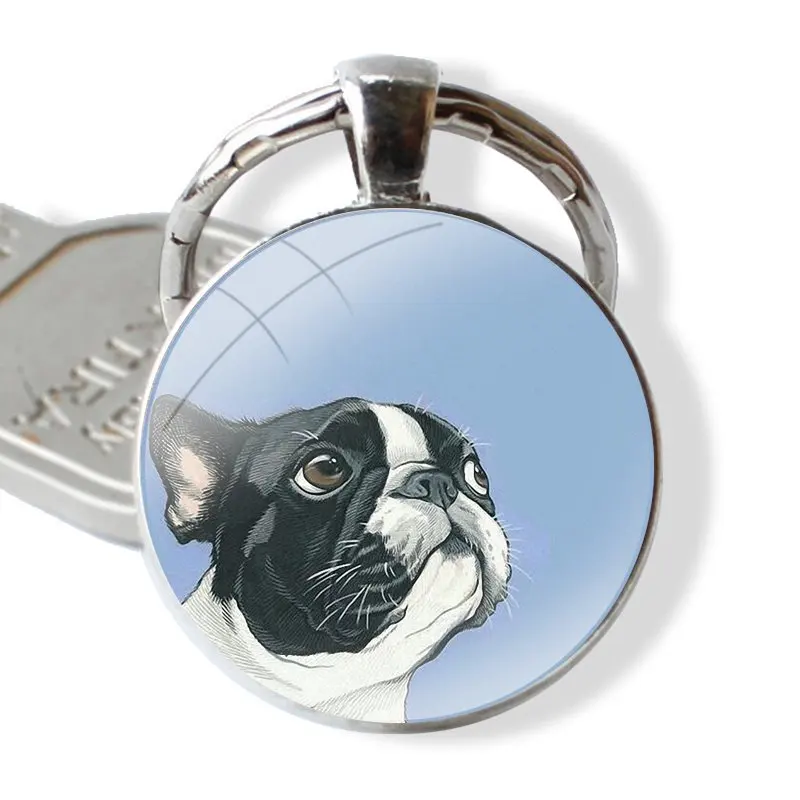 Keychain Glass Cabochon Metal Pendant Classic Men's Women's Keyring Boston Terrier dog