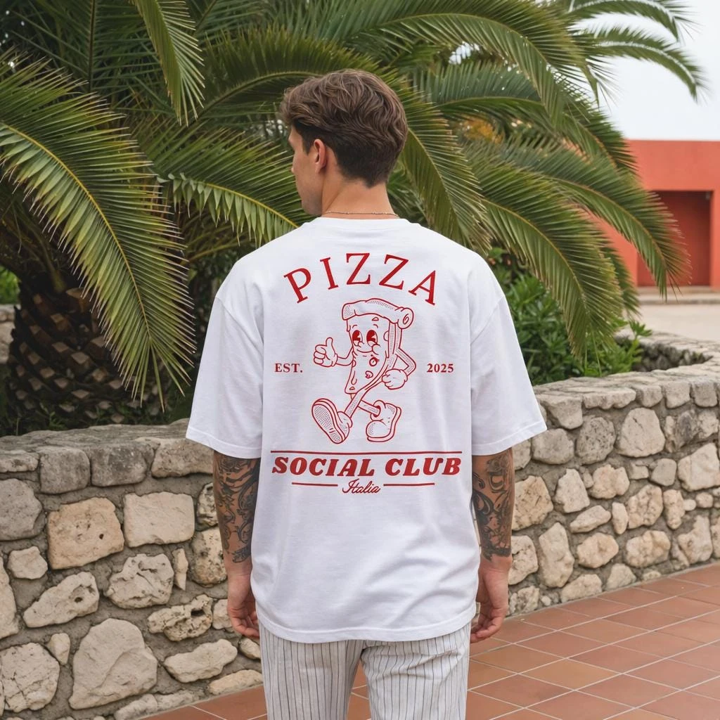 Vintage Pizza Social Club T-Shirt – Retro Italian Foodie Tee Neutral Round Neck Printed T-shirt