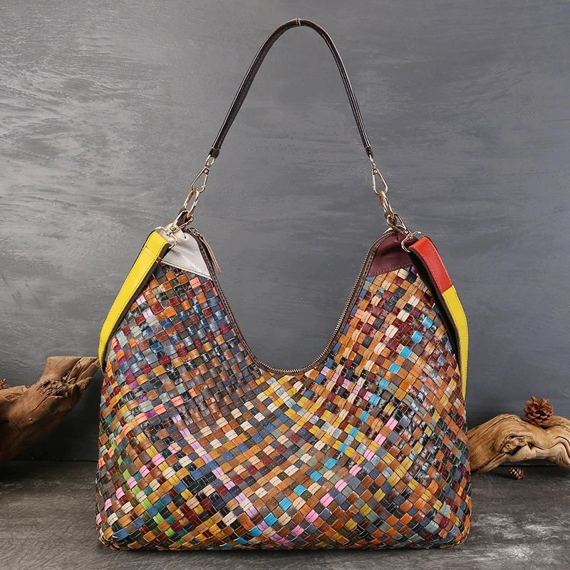 Colorful Weaving Women Cow Leather Handbag Casual Genuine Leather Shoulder Bag Big Ladies Cowhide Tote or Cross-body Bags