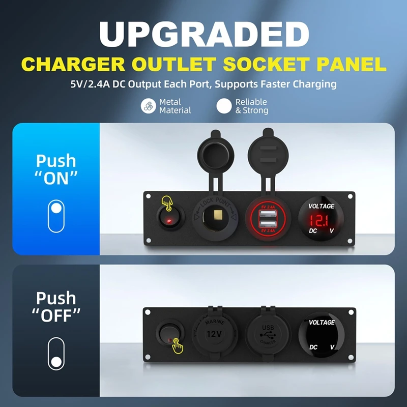 4 In 1 12V USB Panel+LED Voltmete &Dual USB Charger Socket Power&Cigarette Lighter Socket & Toogle Switch Panel