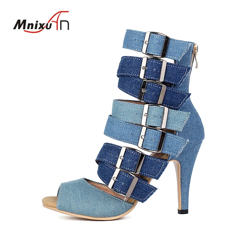 Women Denim Sandals Booties High Heels Gladiator Ankle Strap Sandales 2024 Peep Toe Summer Ladies Party Pumps Shoes Big Size 44