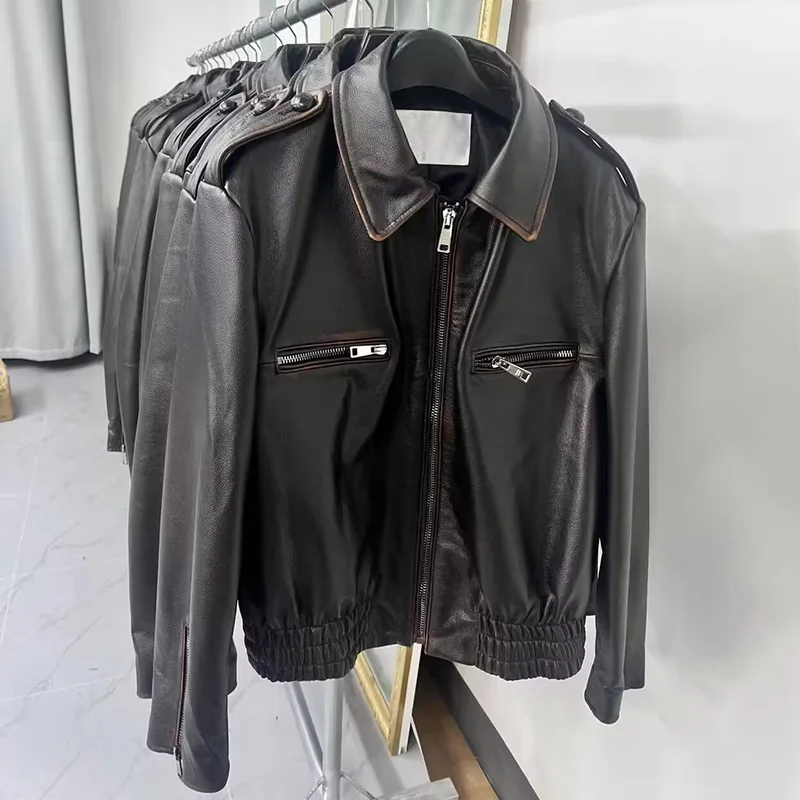 Lady Luxury Motorcycle Jackets Fashion Cow Leather Vintage Women Spring Autumn Genuine Leather Coat QG5474