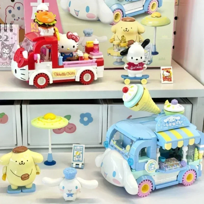 Keeppley Building Blocks Sanrio Hello Kitty Pochacco Burger Car Model Cinnamoroll Pompom Purin Splicing Ornaments Toys Gifts