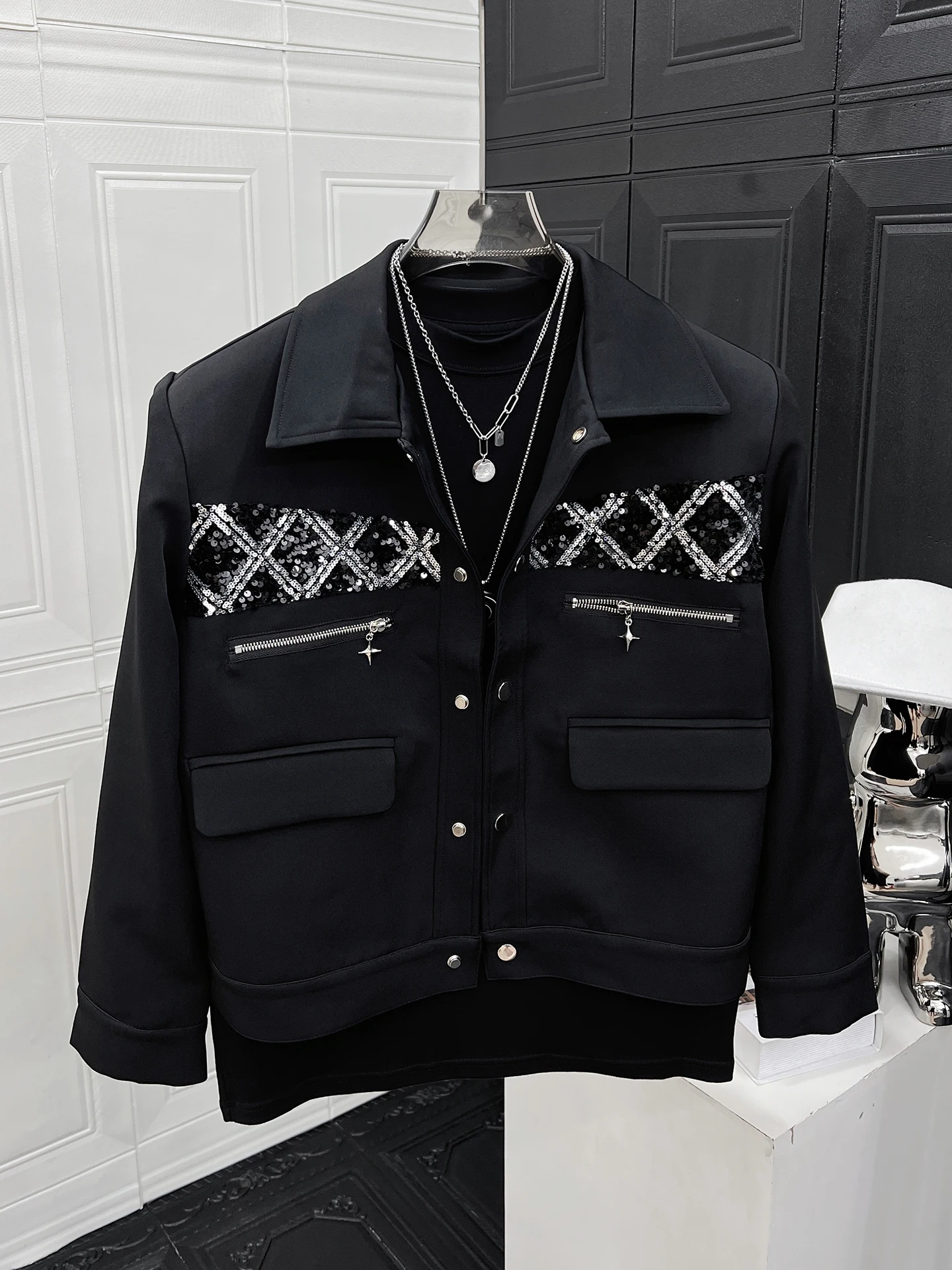 High-end Jacket Sets Men's 2025 Autumn New Handsome Niche Sequined Splicing Loose Shoulder Pads Fashion Trendy Two-piece Sets