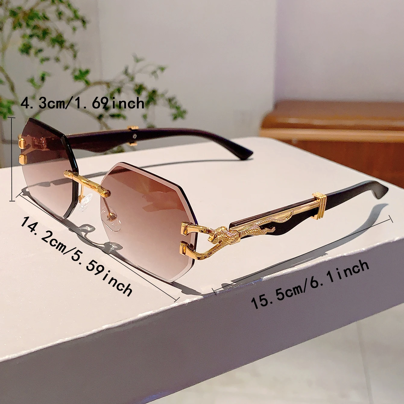 KAMMPT Vintage Rimless Polygon Shades Luxury Brand Gradient Women\'s Sunglasses Fashion Leopard Decor Travelling Sun Glasses