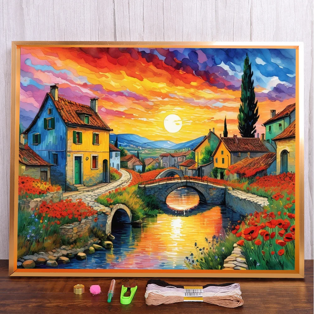 

Landscape Sunset Town Printed 11CT Cross-Stitch Full Kit Embroidery Sewing Handiwork Handicraft Knitting For Adults Floss Gift
