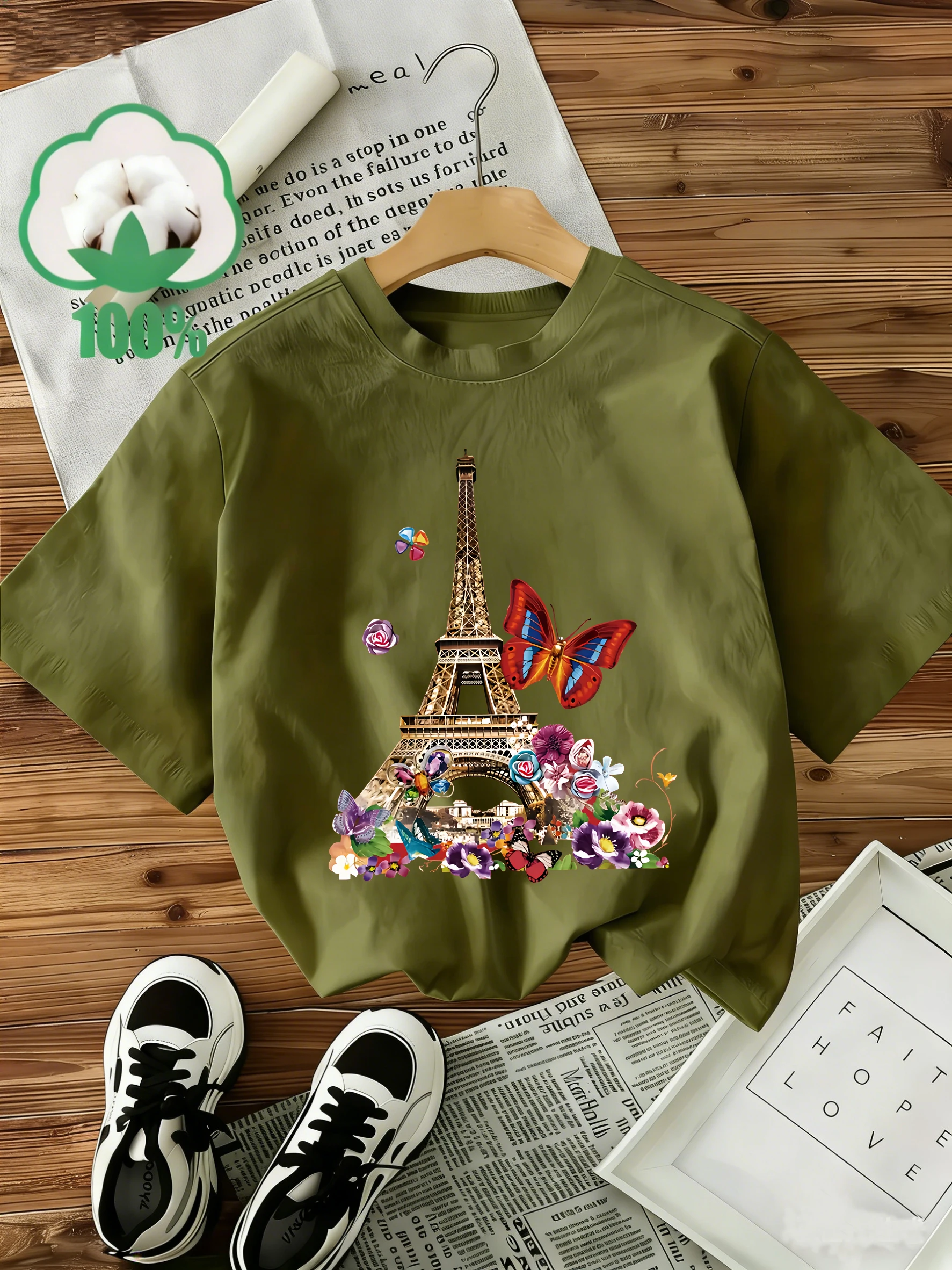 T-Shirt Women's Paris Eiffel Tower and Butterfly Design 100% Cotton T Shirt Graphic Short Sleeve Crew Neck Top Shirt Casual
