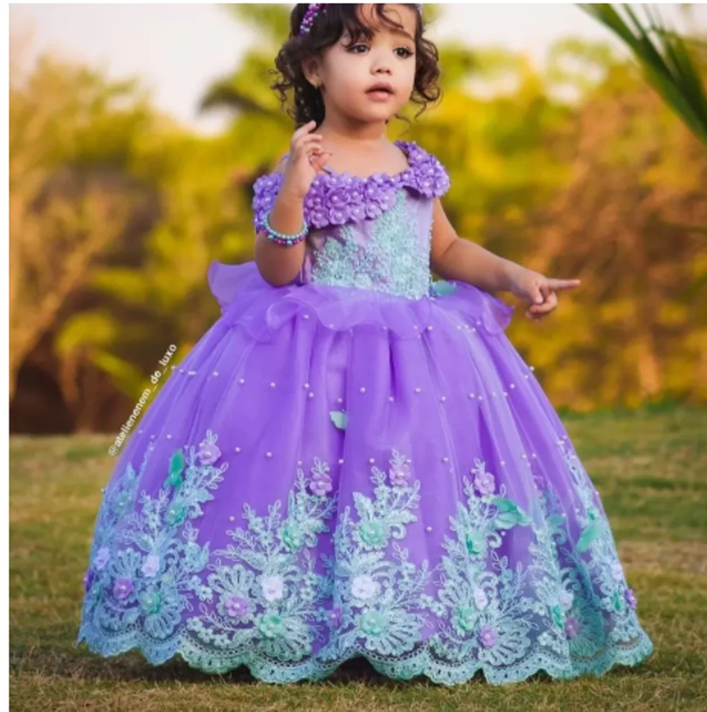 

Light Purple Flower Girl Dresses For Photoshoot Pearls Litter Kids Pageant Gown Birthday Party Lavender First Communion Dress