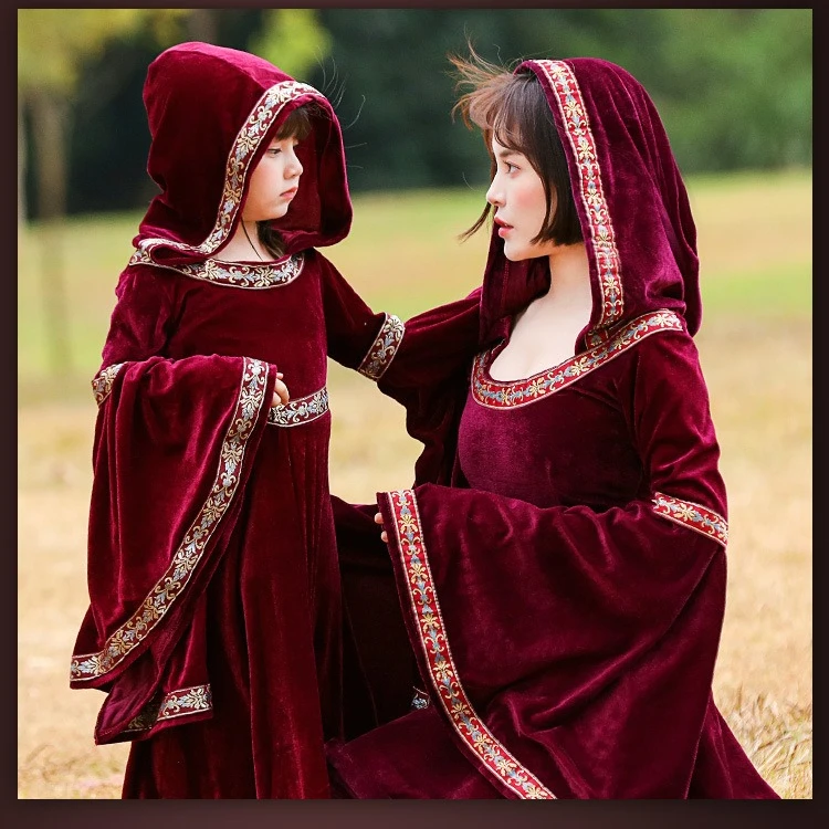 Sweat à capuche gothique rétro médiéval, jupe longue de sorcière, robe de soirée de luxe pour femmes, Cosplay Vampire Halloween, Costume pour enfants et adultes